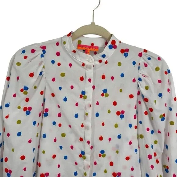 Vilagallo Puff‎ Sleeve Button Front Shirt White/Multi Embroidered Polka Dots 40 - Picture 3 of 10